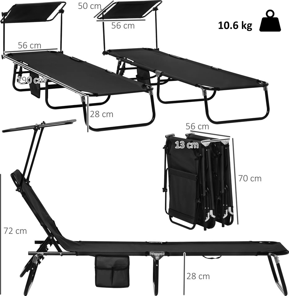 Outsunny Set de 2 șezlonguri pliabile cu copertină, spătar reglabil în 5 trepte, Negru | Aosom Romania