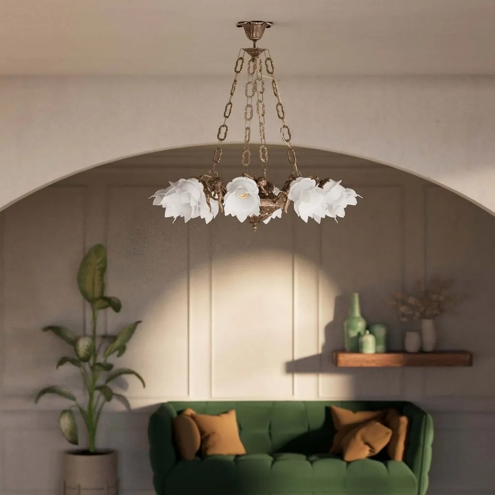 Candelabru 8 brate din alama cu abajur din sticla Putti