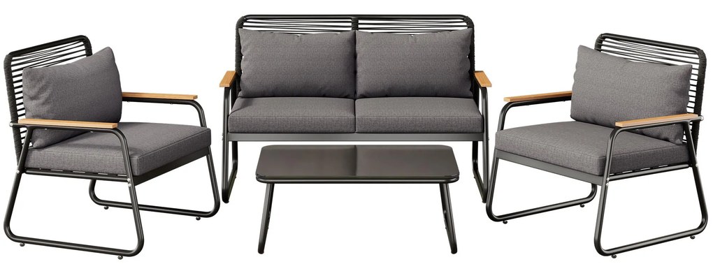 Set de lounge pentru grădină pentru 4 persoane, cu canapea dublă, 2 canapele individuale și 1 măsuță de cafea, Negru
