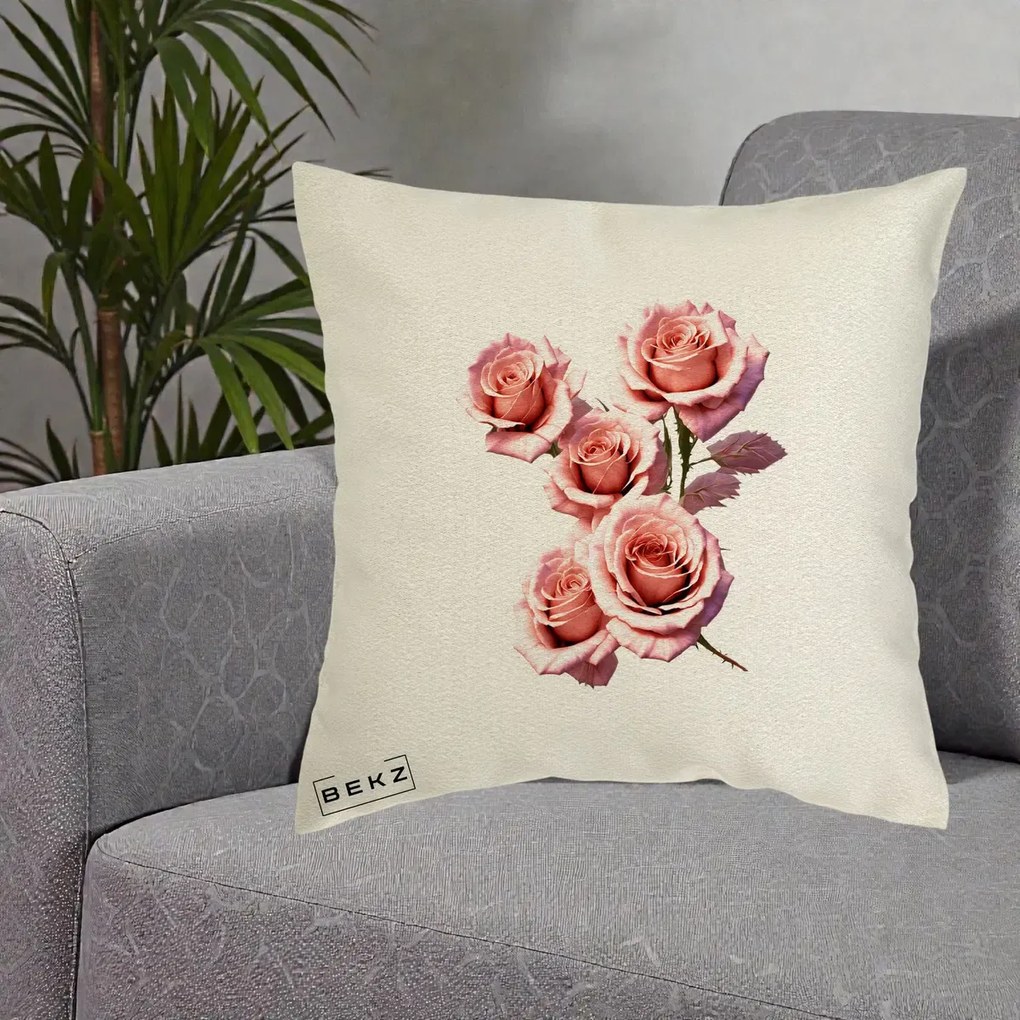 Perna Decorativa Trandafiri Roz Pastel Acuarela, 40x40 cm, Ecru, Husa Detasabila, Perna Inclusa, BEKZ®
