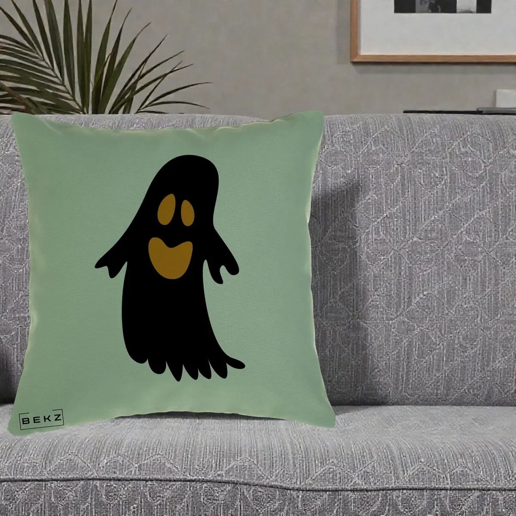 Perna Decorativa Halloween Fantoma Neagra cu Ochi Portocalii, 40x40 cm, Verde, Husa Detasabila, Perna Inclusa, BEKZ®