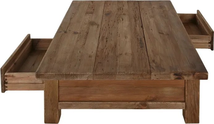 Măsuță de cafea dreptunghiulară din lemn reciclat, natur, cu 2 sertare și nișă deschisă, finisaj mat, 38 x 130 x 90 cm, „Norwyn” – Ethnic Collections