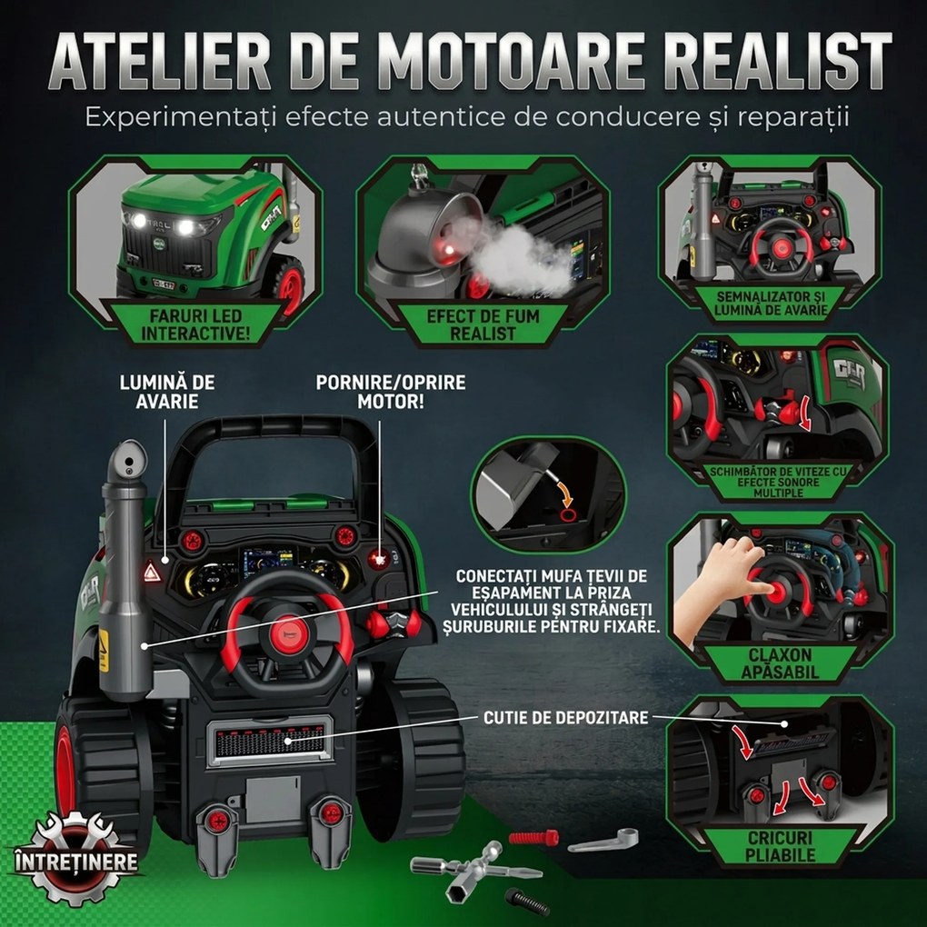 AIYAPLAY Atelier Camion Jucărie pentru Copii cu Motor, 60 Accesorii, Lumini și Sunete, 42x42x47 cm, Verde | Aosom Romania