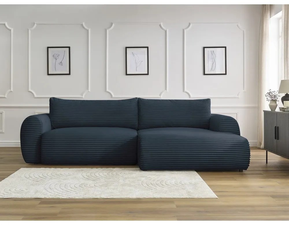 Colțar albastru închis extensibil cu tapițerie din catifea reiată (cu colț pe partea dreaptă) Lucien – Bobochic Paris