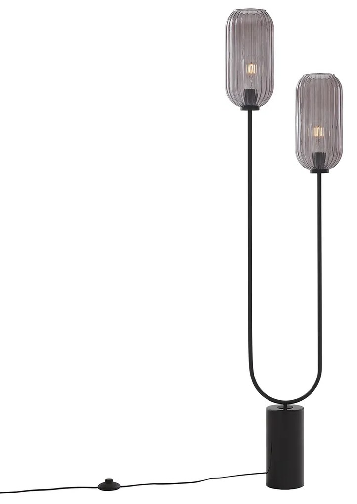 Lampă de podea Art Deco neagră cu sticlă fum 2 lumini - Rid