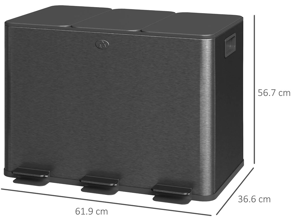 HOMCOM Coș de Gunoi cu 3 Secțiuni de 20L cu Pedală și 2 Capace cu Închidere Silențioasă, Coș de Gunoi din Oțel Inoxidabil și PP, 61.9x36.6x56.7 cm, Negru | Aosom Romania