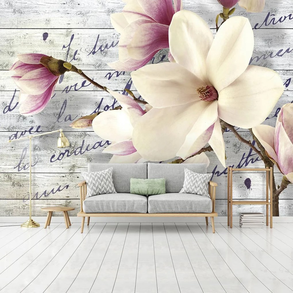Fototapet - Magnolie pe sănduri de lemn (254x184 cm)