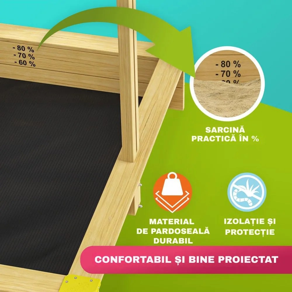 Cutie de nisip cu acoperiș SANDY, din lemn de brad, 120x120x120cm Jurhan