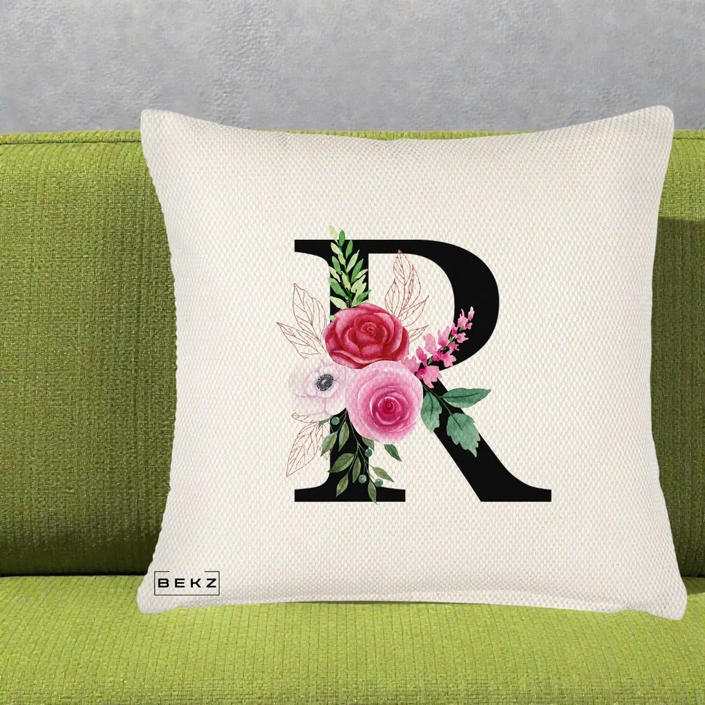 Cadou Personalizat - Perna Personalizata Monograma Florala Litera R, 40x40 cm, Crem Reliefat, Husa Detasabila, Perna Inclusa, BEKZ®