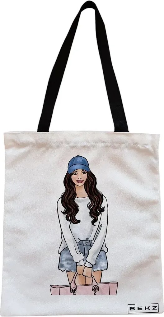Sacosa de Panza pentru Cumparaturi, Geanta Tote, Travel Girl 6, Cu fermoar, 38x34.5 cm, Alba, BEKZ®