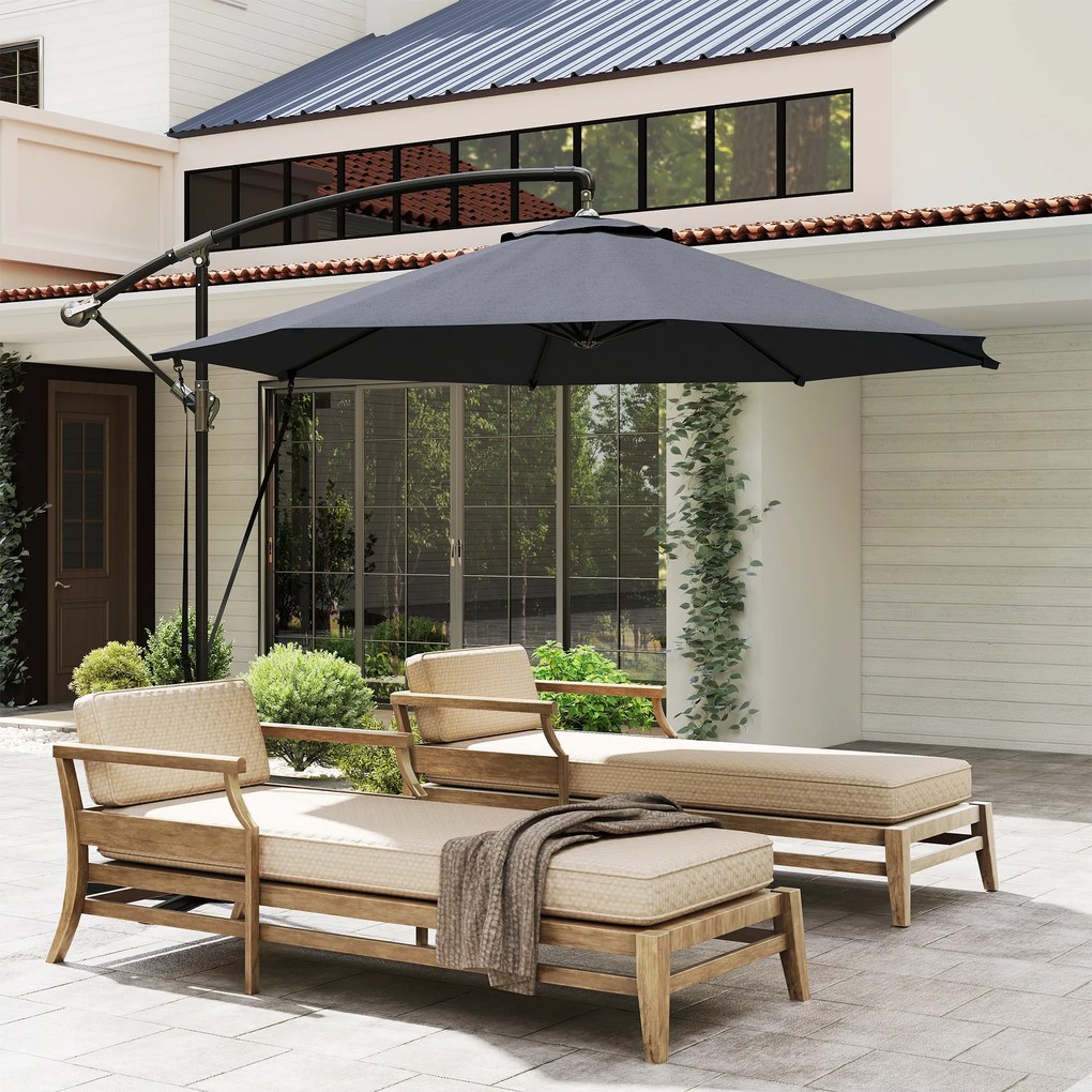 Outsunny Umbrelă de Soare cu Corzi Anti-Vânt, Orificii de Aerisire, Bază în Cruce și Manivelă, Φ290x243 cm, Gri | Aosom Romania