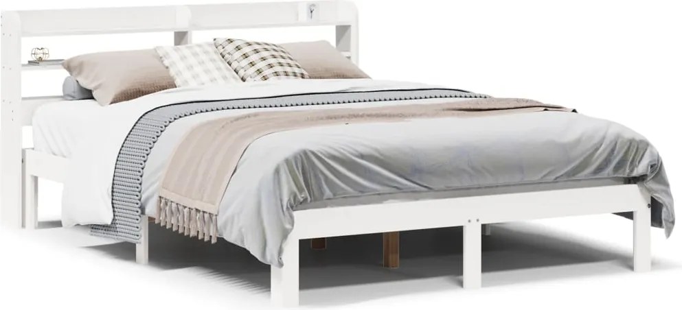vidaXL Cadru de pat cu tăblie, alb, 135x190 cm, lemn masiv de pin
