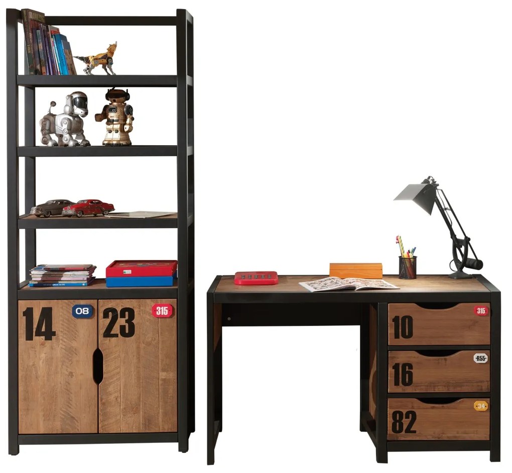 Set Birou și Bibliotecă Copii ALEX, Pin Masiv, Design Industrial – Vipack