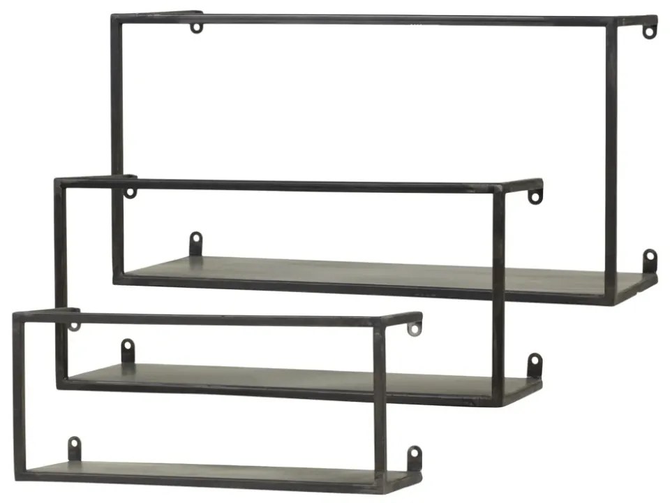 Set de 3 etajere metalice de perete, negru, cu aspect rustic