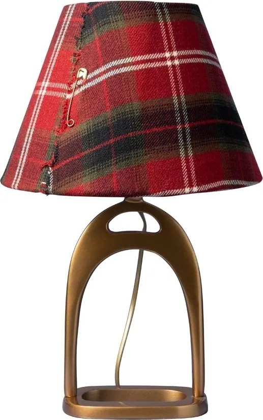 Lampă de masă din lână multicoloră, cu structură din metal auriu, abajur în carouri, finisaj vintage, 29×15×9,5 cm, „Stirrup"
