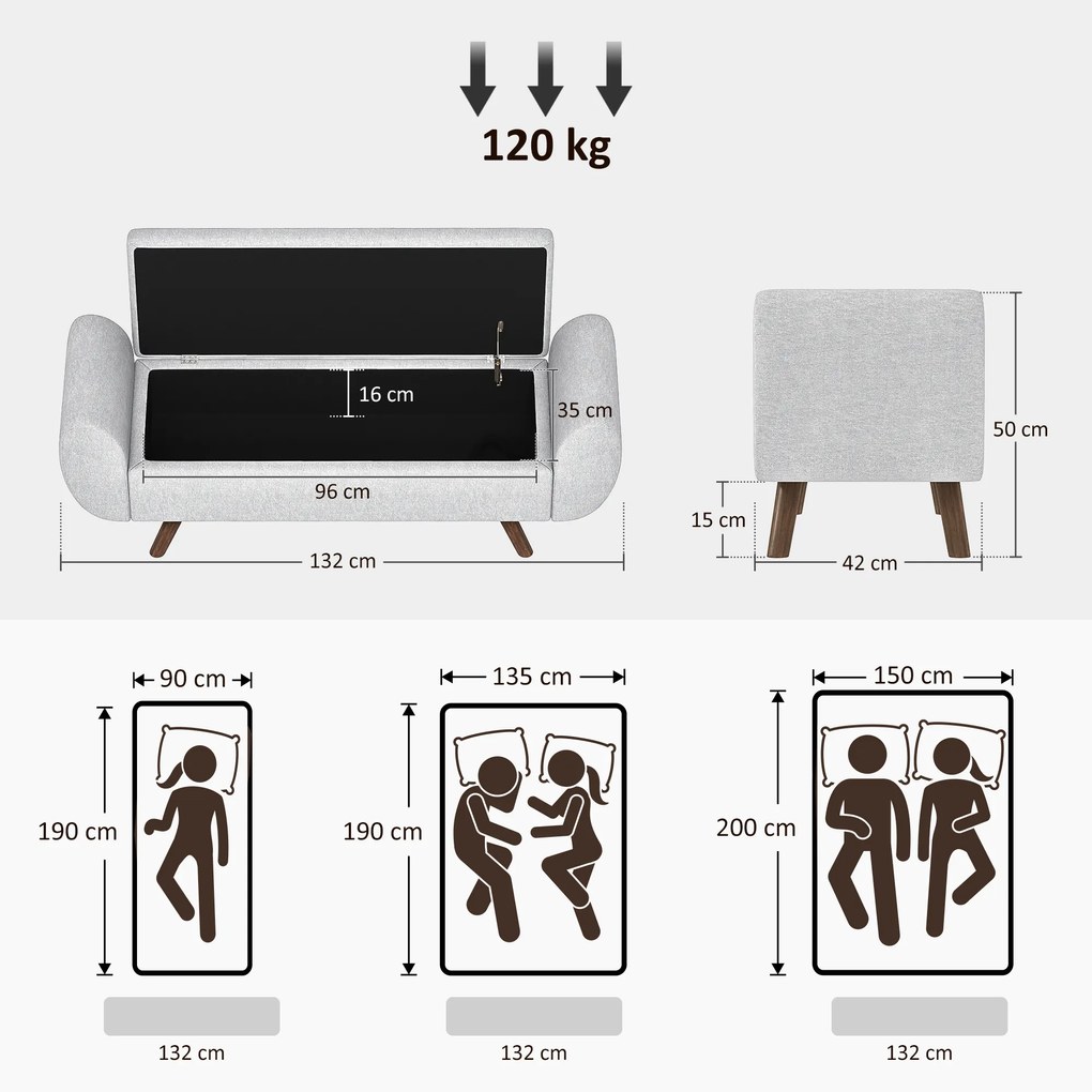 HOMCOM Bancă cu Spațiu de Depozitare cu Cotiere din Țesătură și Lemn 132x42x50 cm Gri | Aosom Romania