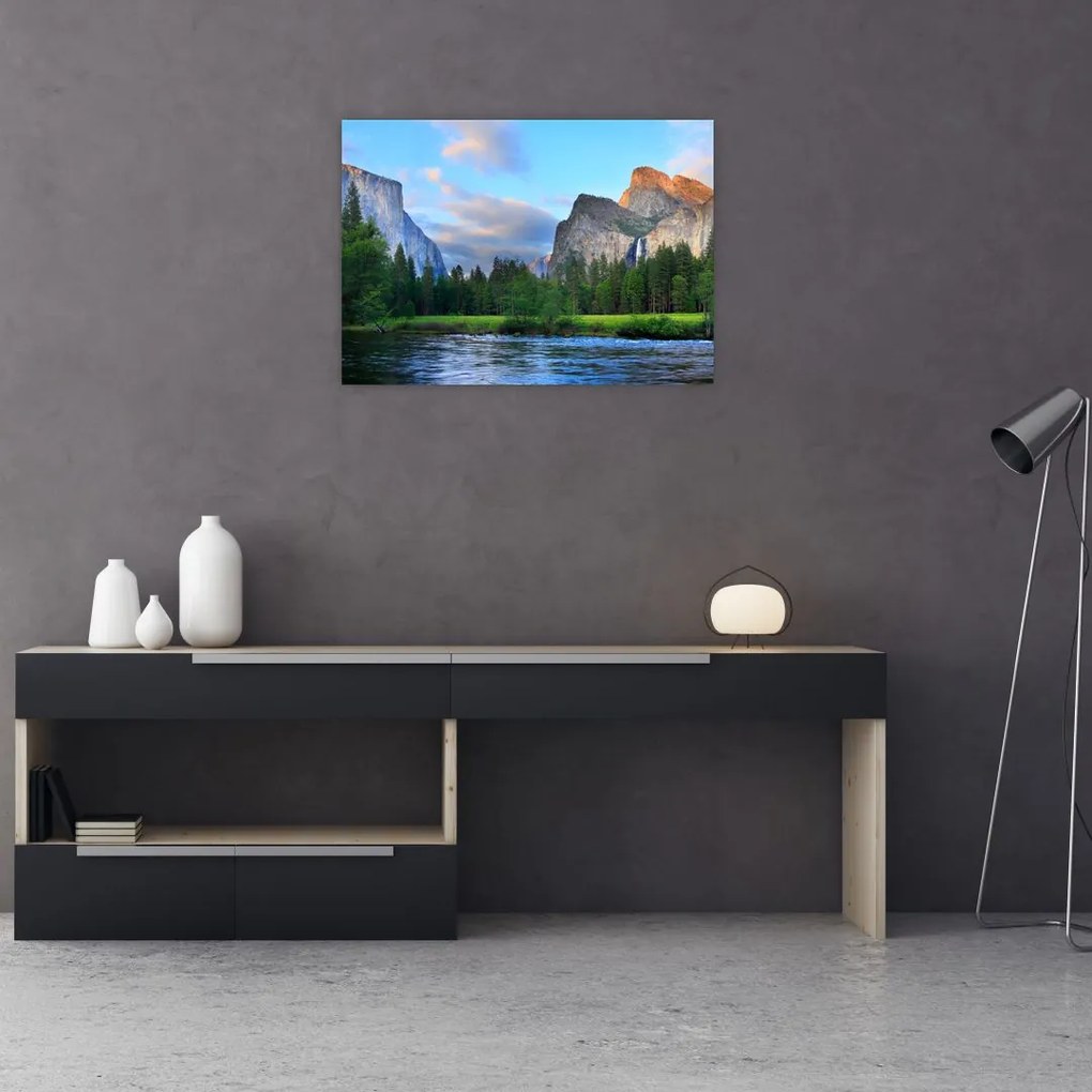 Tablou pe sticlă cu peisaj montan sălbatic (70x50 cm)