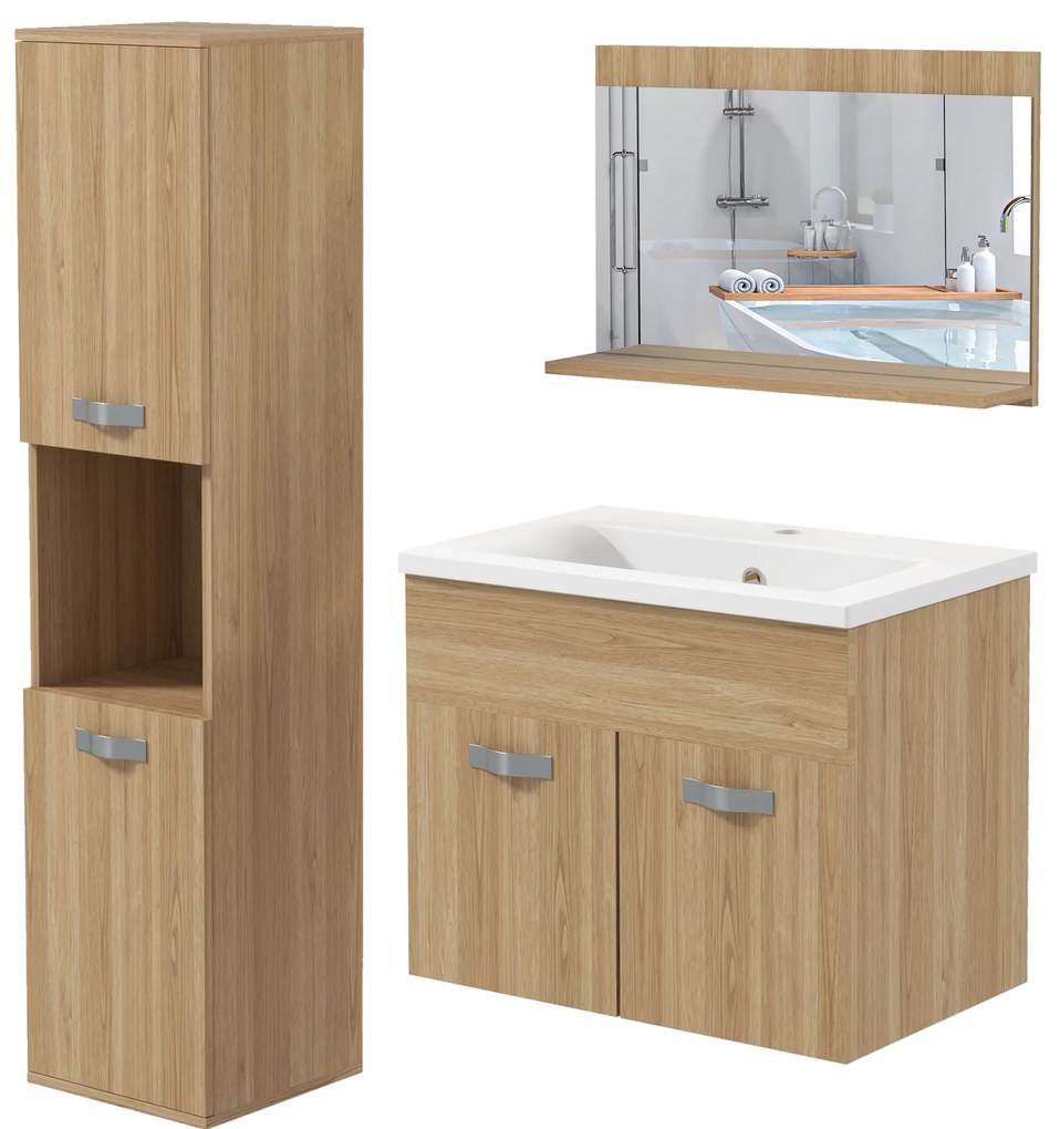 kleankin Set de mobilier de baie oglindă coloană + dulap sub chiuvetă suspendat cu bol, dulap coloană natural | Aosom Romania