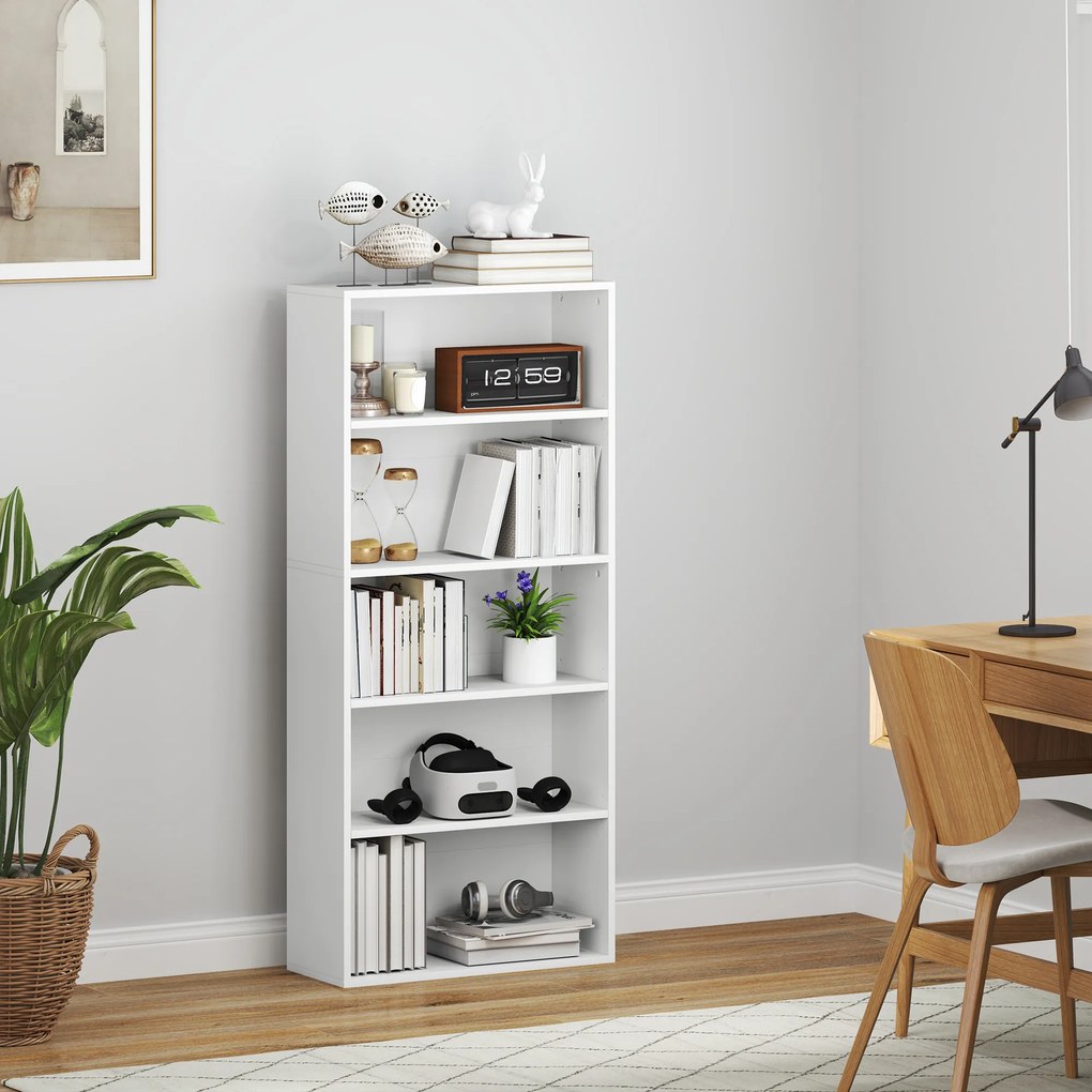 HOMCOM Bibliotecă cu 5 Niveluri și Rafturi Ajustabile, 60x24x133,5 cm, Alb | Aosom Romania