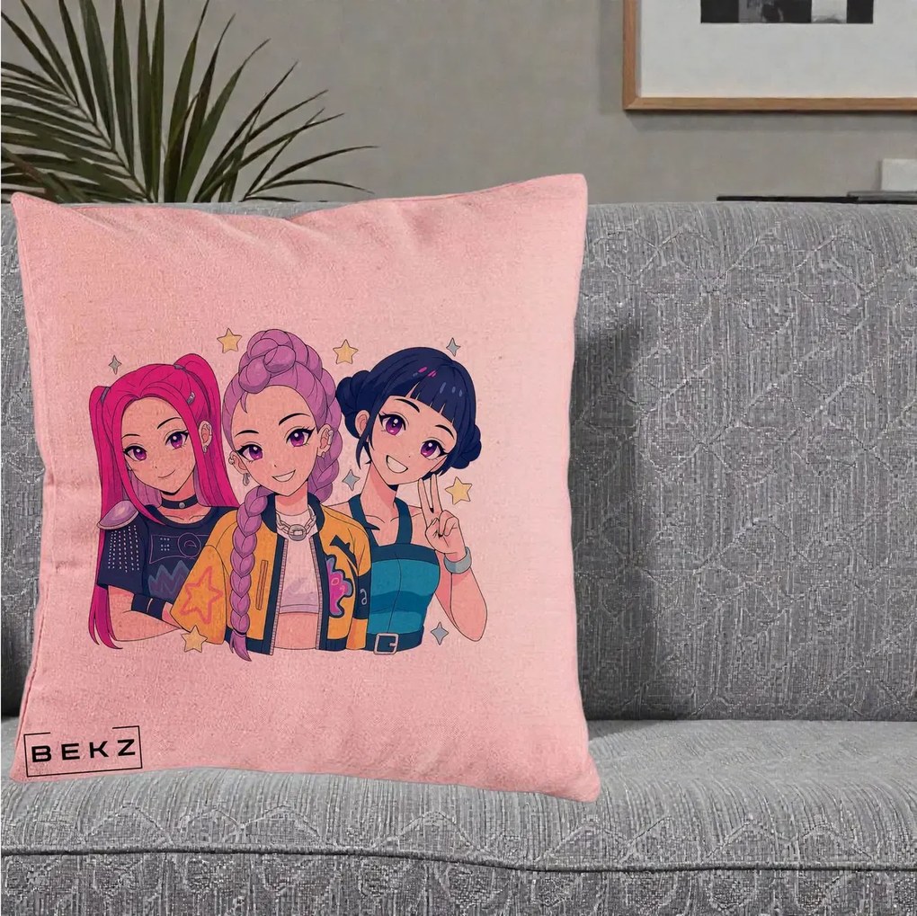 Perna Personalizata K-pop HUNTRX Trio Anime Stele, 40x40 cm, Roz, Husa Detasabila, Perna Inclusa, BEKZ®