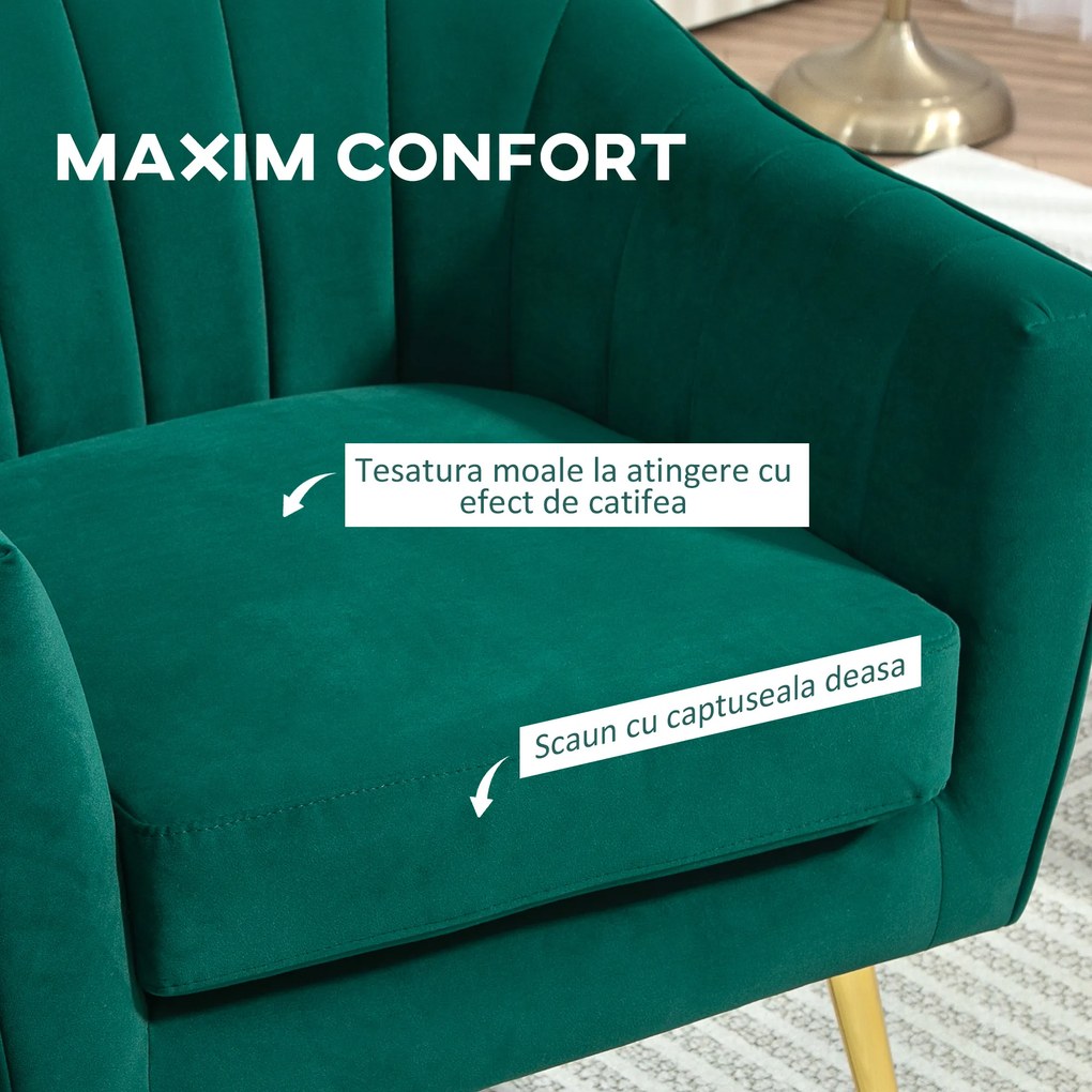 HOMCOM Fotoliu Elegant din Catifea Verde cu Picioare Metalice Aurii Confort Superior pentru Living | Aosom Romania