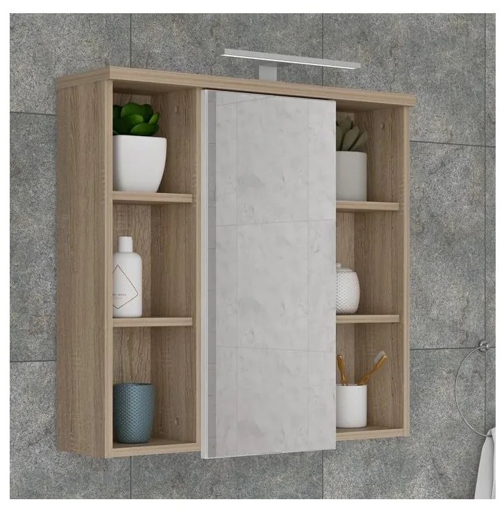 Dulap suspendat pentru baie cu oglindă VENOM, alb/stejar Sonoma