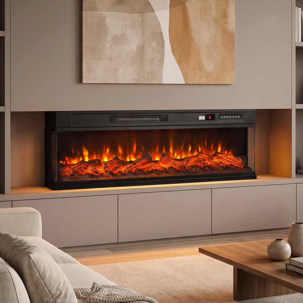 HOMCOM Șemineu electric de podea/încastrabil, 3 laturi, cu telecomandă, 750/1500W, efect flacără 3D, 12 culori, 5 niveluri de luminozitate | Aosom Romania