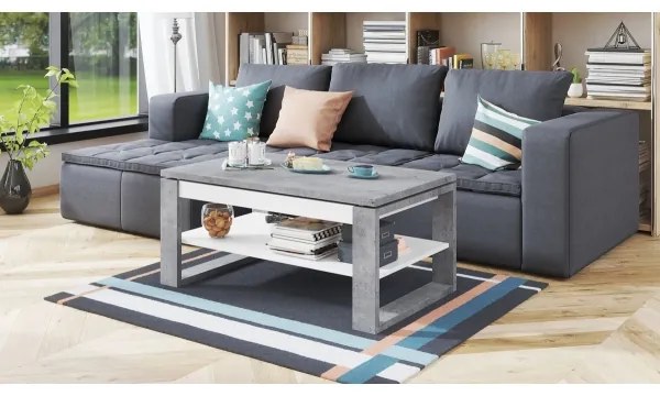 Masă de cafea NEA cu blat rabatabil și poliță, gri beton/alb