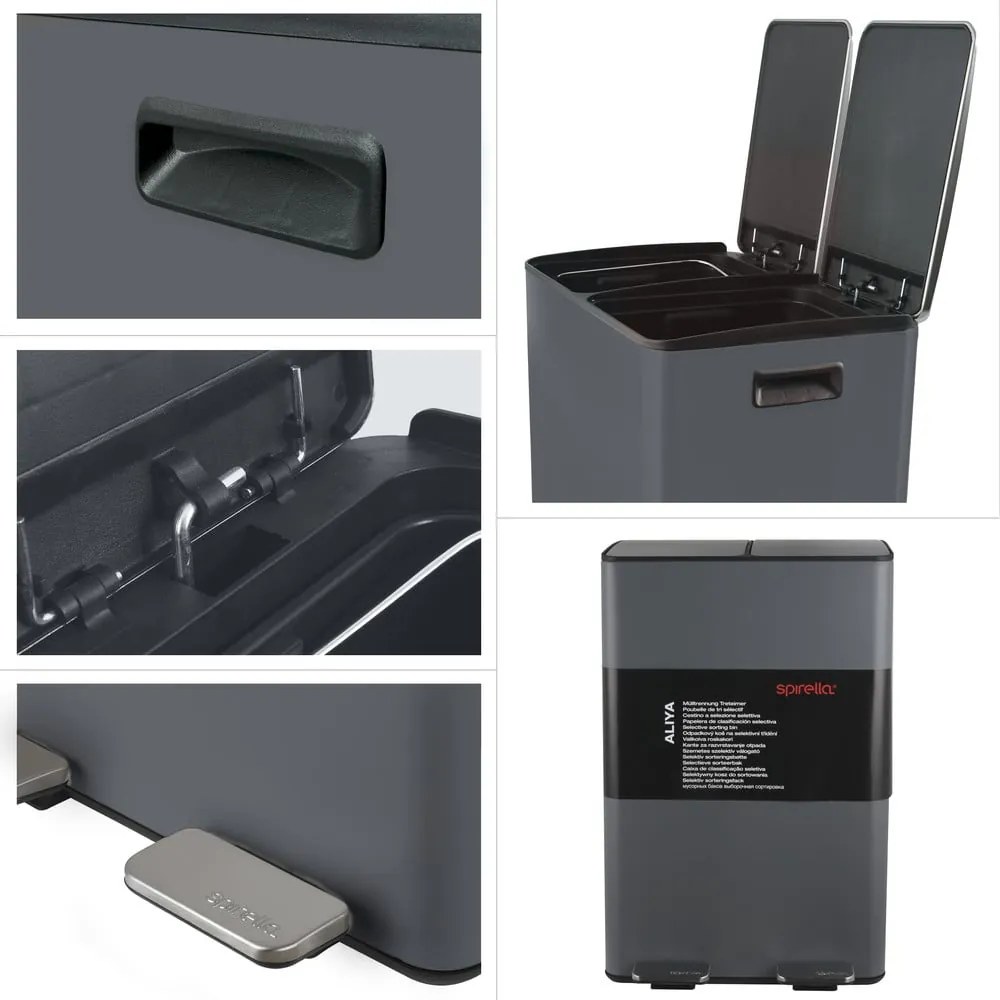 Coș de gunoi gri închis pentru reciclare/cu pedală 2x30 l din oțel Aliya – Spirella