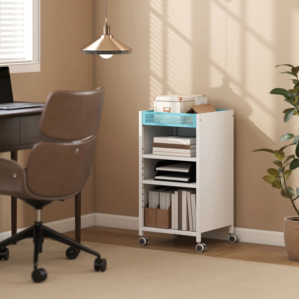 HOMCOM Bibliotecă mobilă cu rafturi reglabile, 3-stufiger Rollwagen mit oberem Korb, Weiß | Aosom Romania
