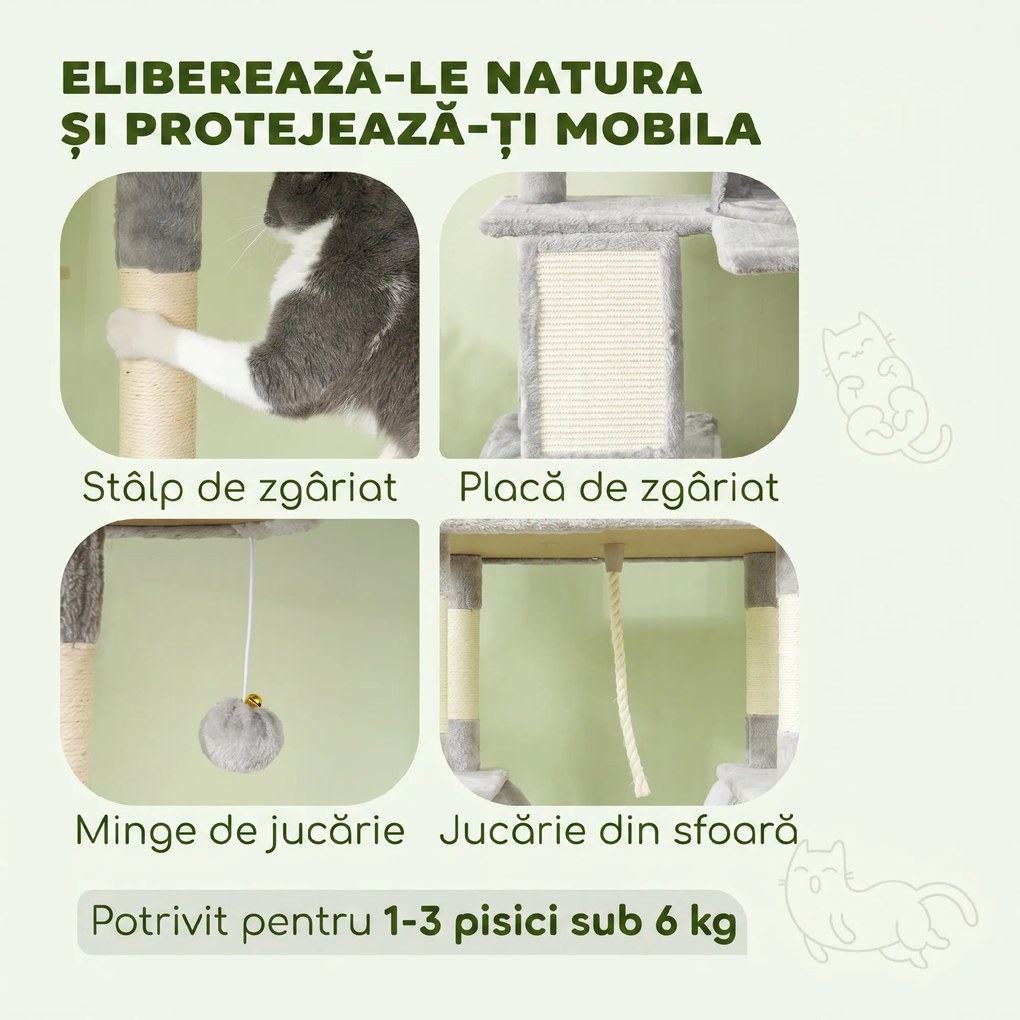 PawHut Ansamblu de Zgâriat pentru Pisici, 206 cm, cu Stâlpi din Sisal, Căsuțe și Hamace, Gri Închis | Aosom Romania