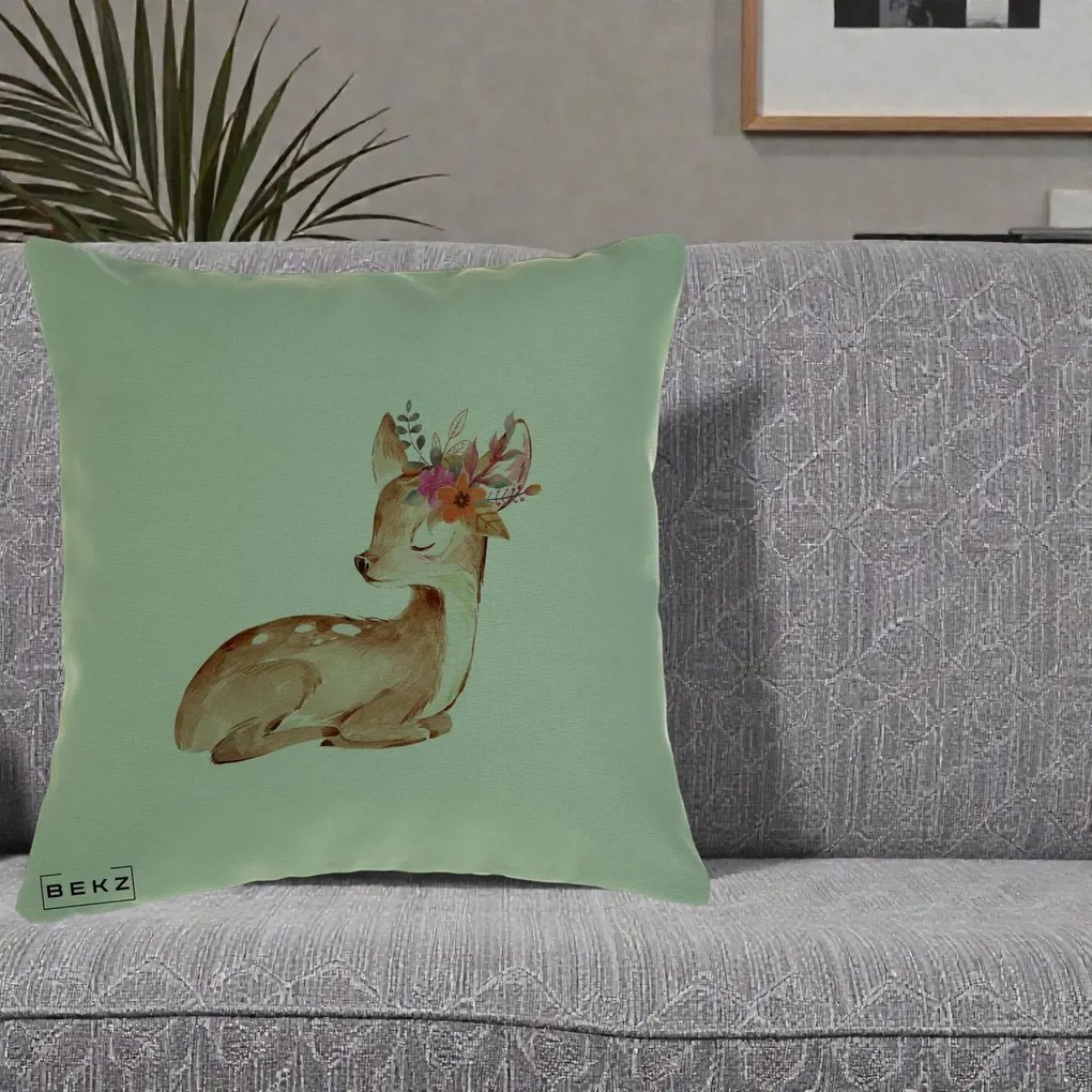 Perna Decorativa Caprioara cu Flori in Coama, 40x40 cm, Verde, Husa Detasabila, Perna Inclusa, BEKZ®