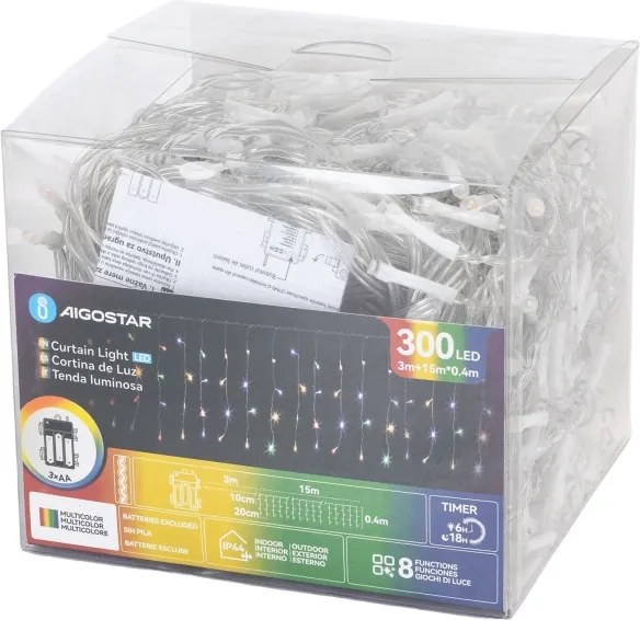 Aigostar - Instalație luminoasă de Crăciun LED pentru exterior 300xLED/8 funcții 3xAA 18x0,4m IP44 multicoloră