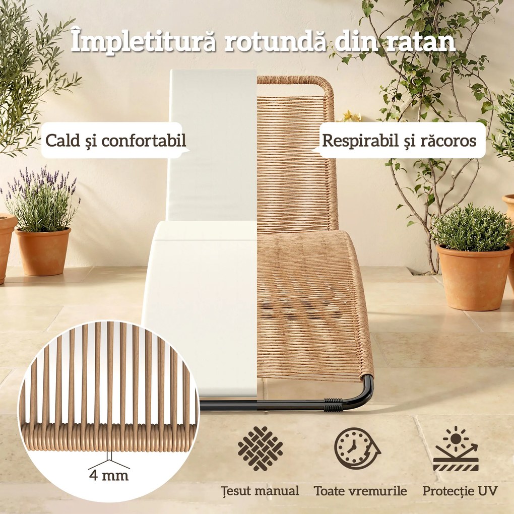 Outsunny Șezlong din Ratan Forma S cu Pernă, Șezlong de Grădină cu Structură din Oțel, pentru Terasă, Plajă, Piscină, Grădină, 175x57x80cm, Crem | Aosom Romania