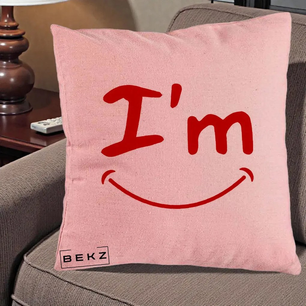 Perna Decorativa I'm Happy Smile, 40x40 cm, Roz, Husa Detasabila, Perna Inclusa, BEKZ®