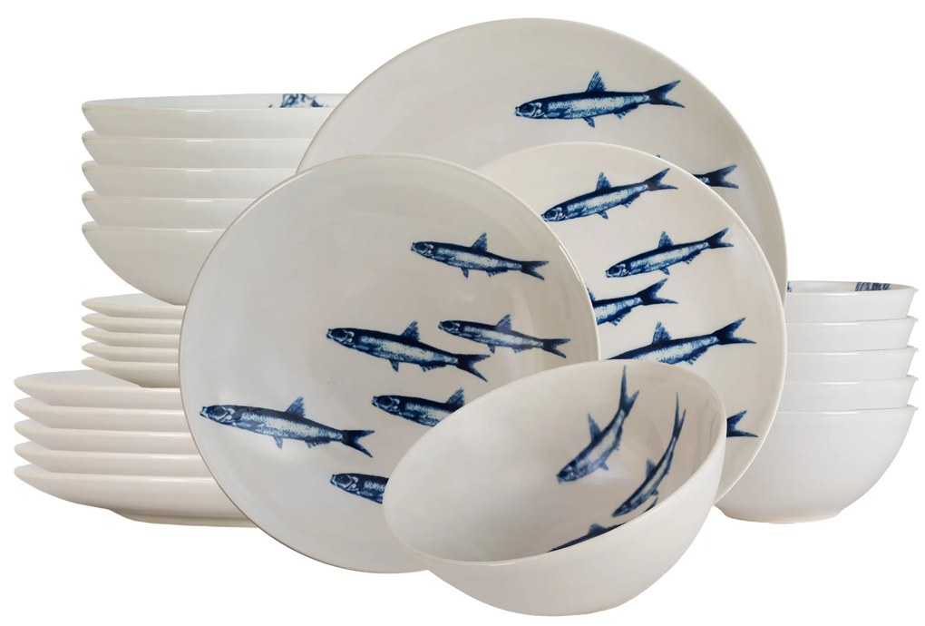 Eleganță Marină: Set de Masă cu Sardine Alb și Albastru de 24 piese