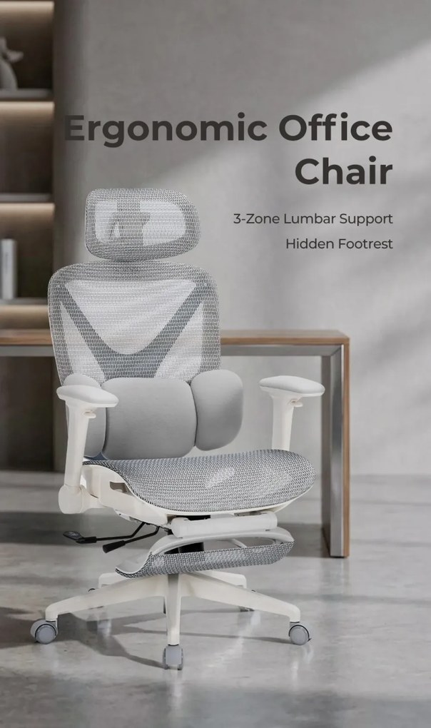 DeluxStar YX-977 NEXOR PRO MESH – Scaun Ergonomic cu Suport Lombar 3D, Tetieră 3D, Cotiere 4D, Șezut Glisant, Înclinare 140°, Suport pentru Picioare, Mesh, Gri