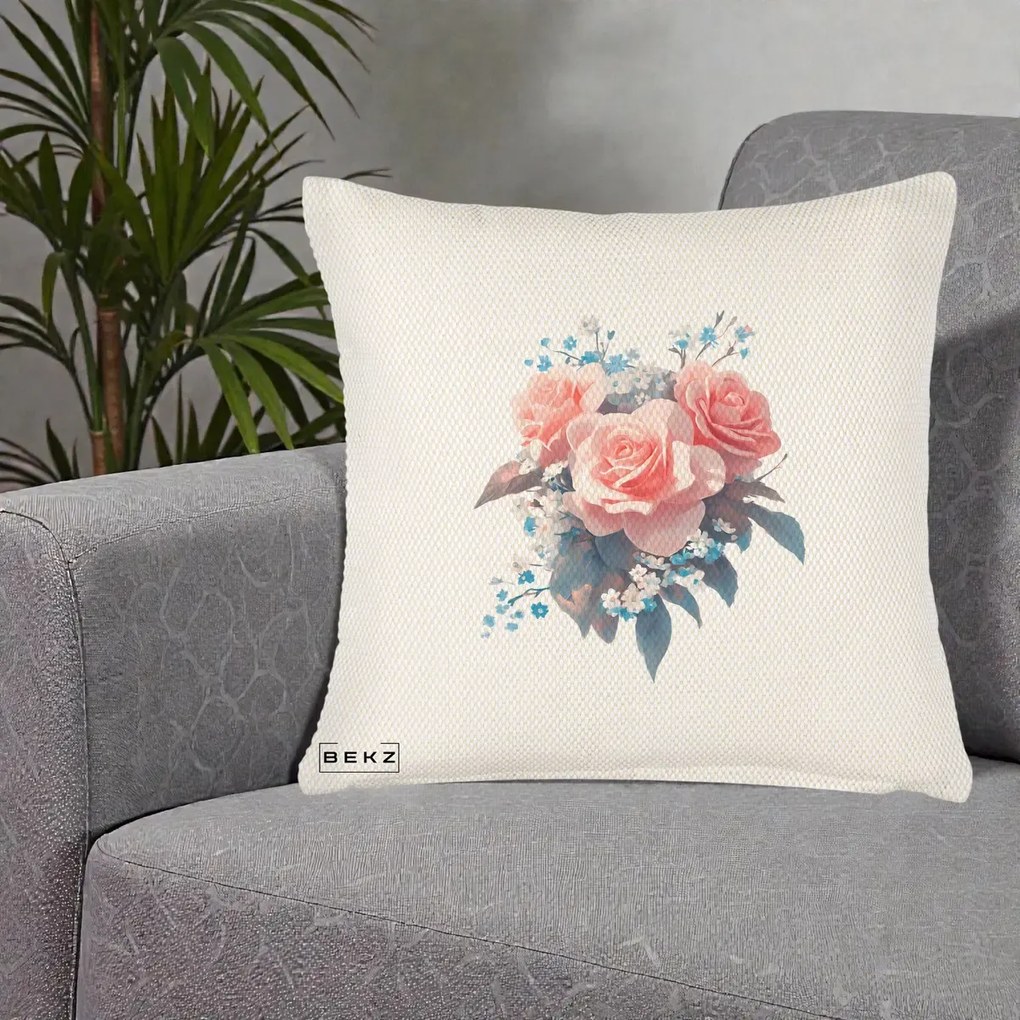 Perna Decorativa Trandafiri Roz cu Floricele Albastre, 40x40 cm, Crem Reliefat, Husa Detasabila, Perna Inclusa, BEKZ®