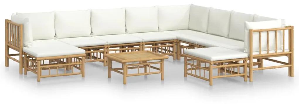 3155193 vidaXL Set mobilier de grădină, cu perne alb crem, 11 piese, bambus