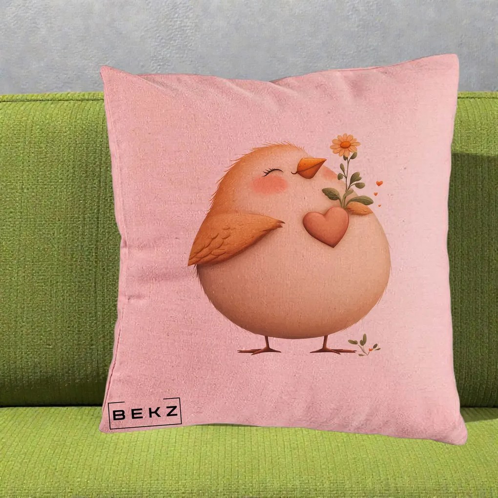 Perna Decorativa Pui cu Inima si Floarea-Soarelui, 40x40 cm, Roz, Husa Detasabila, Perna Inclusa, BEKZ®