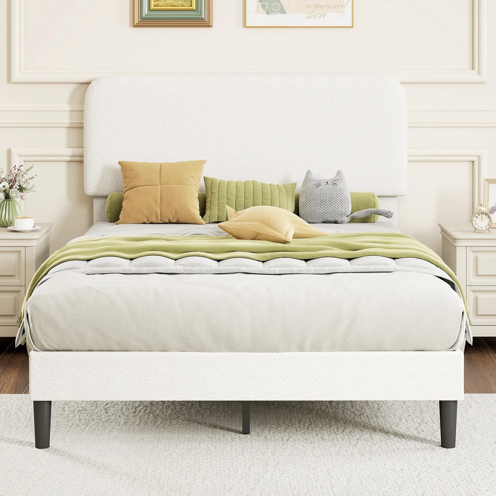 HOMCOM Cadru de pat dublu cu tăblie reglabilă pe înălțime tapițat cu blăniță sherpa șipci de susținere alb | Aosom Romania