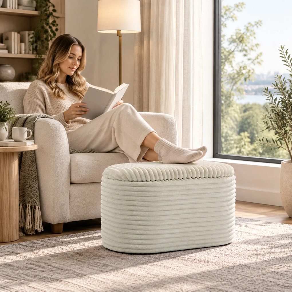 HOMCOM Set 3 piese cu spațiu de depozitare din catifea raiată, pentru living și dormitor, crem | Aosom Romania