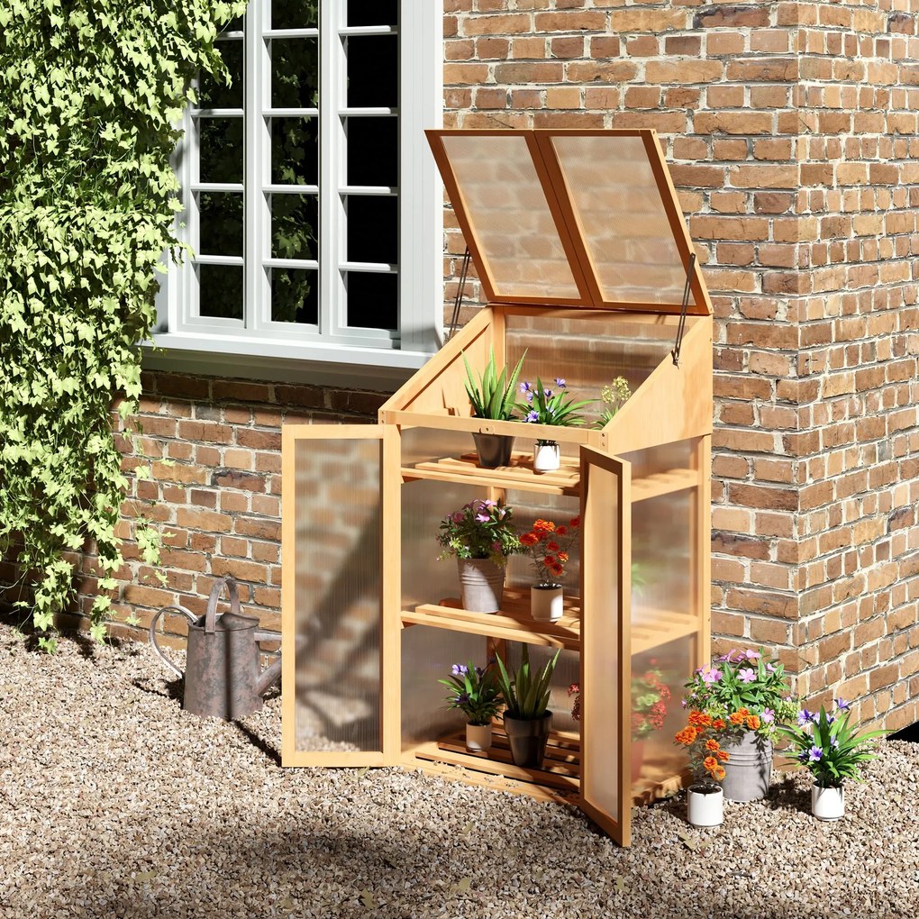 Outsunny Mini-seră, seră mică cu structură din lemn, ferestre și ușă dublă, 3 rafturi, 70L x 50L x 120Î cm, maro | Aosom Romania