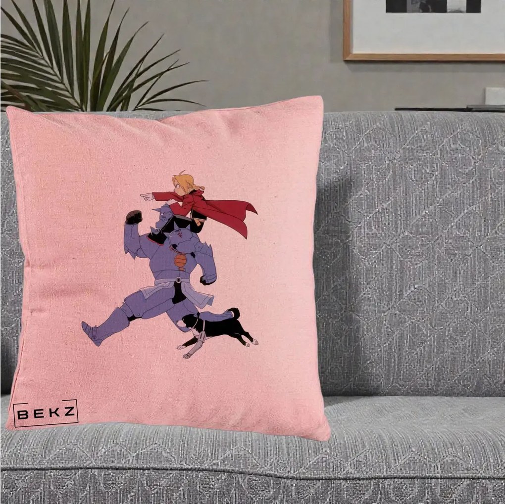 Perna Personalizata Fullmetal Alchemist Edward si Alphonse, 40x40 cm, Roz, Husa Detasabila, Perna Inclusa, BEKZ®