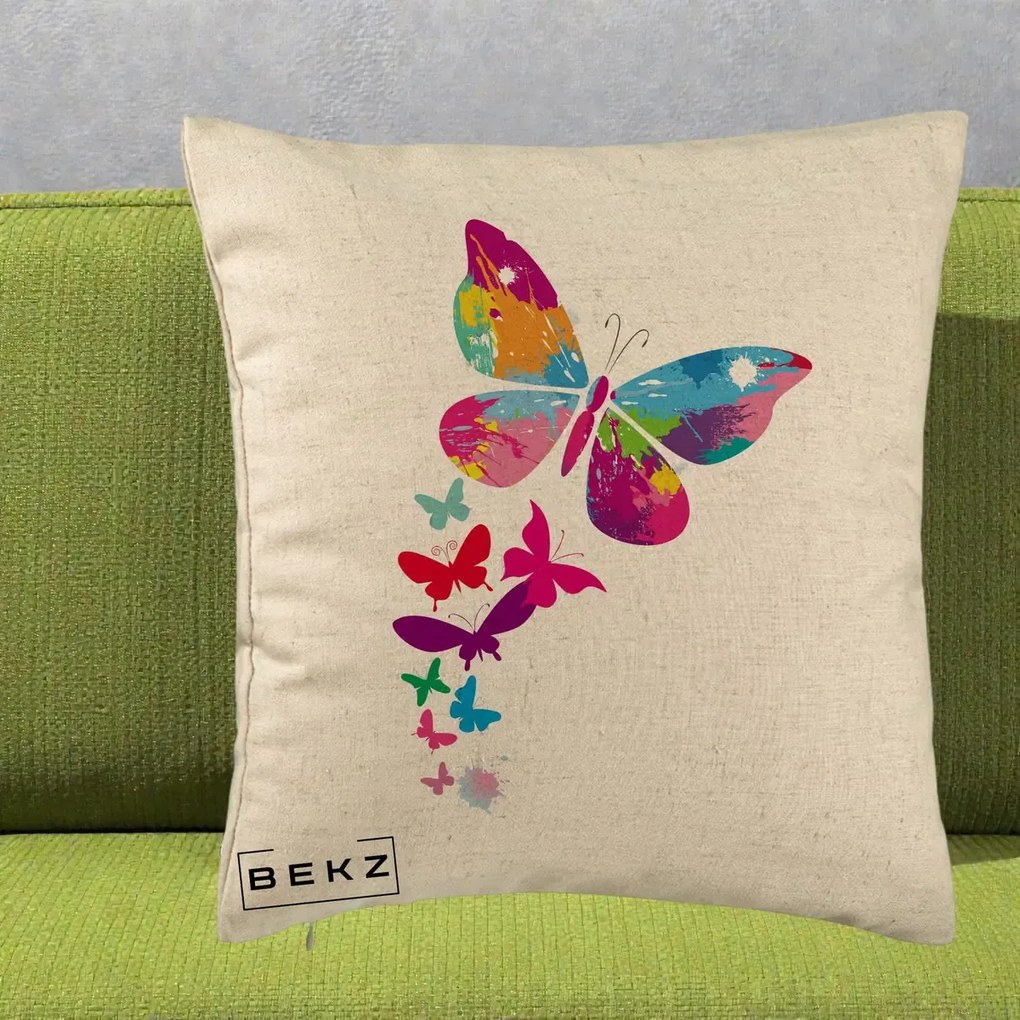 Perna Decorativa Fluturi Splash, 40x40 cm, Bej, Husa Detasabila, Perna Inclusa, BEKZ®