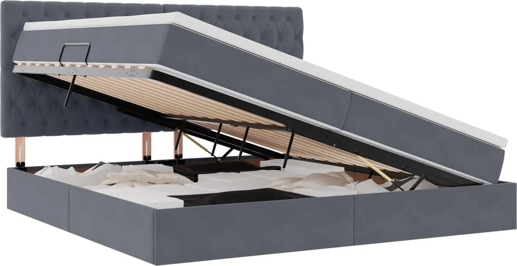 vidaXL Pat cu saltea și spațiu de depozitare Gri închis 200 x 200 cm