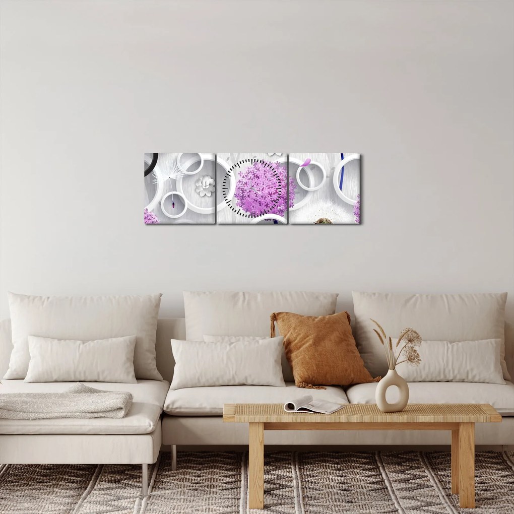 Tablou cu abstracție 3D cu cercuri și flori (cu ceas) (90x30 cm)