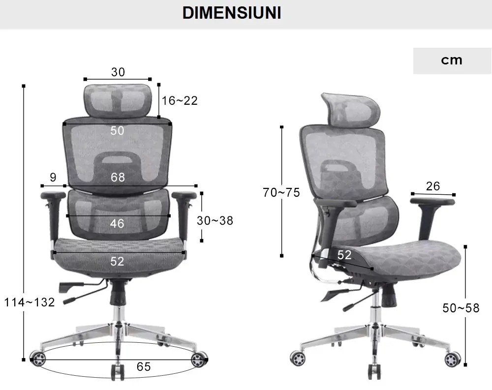 RESIGILAT- Scaun ergonomic Karin-H, spatar reglabil pe inaltime, suport lombar 3D, tetiera 3D, cotiere 3D, mecanism inclinare/blocare, sezut cu translatie, Mesh, Negru