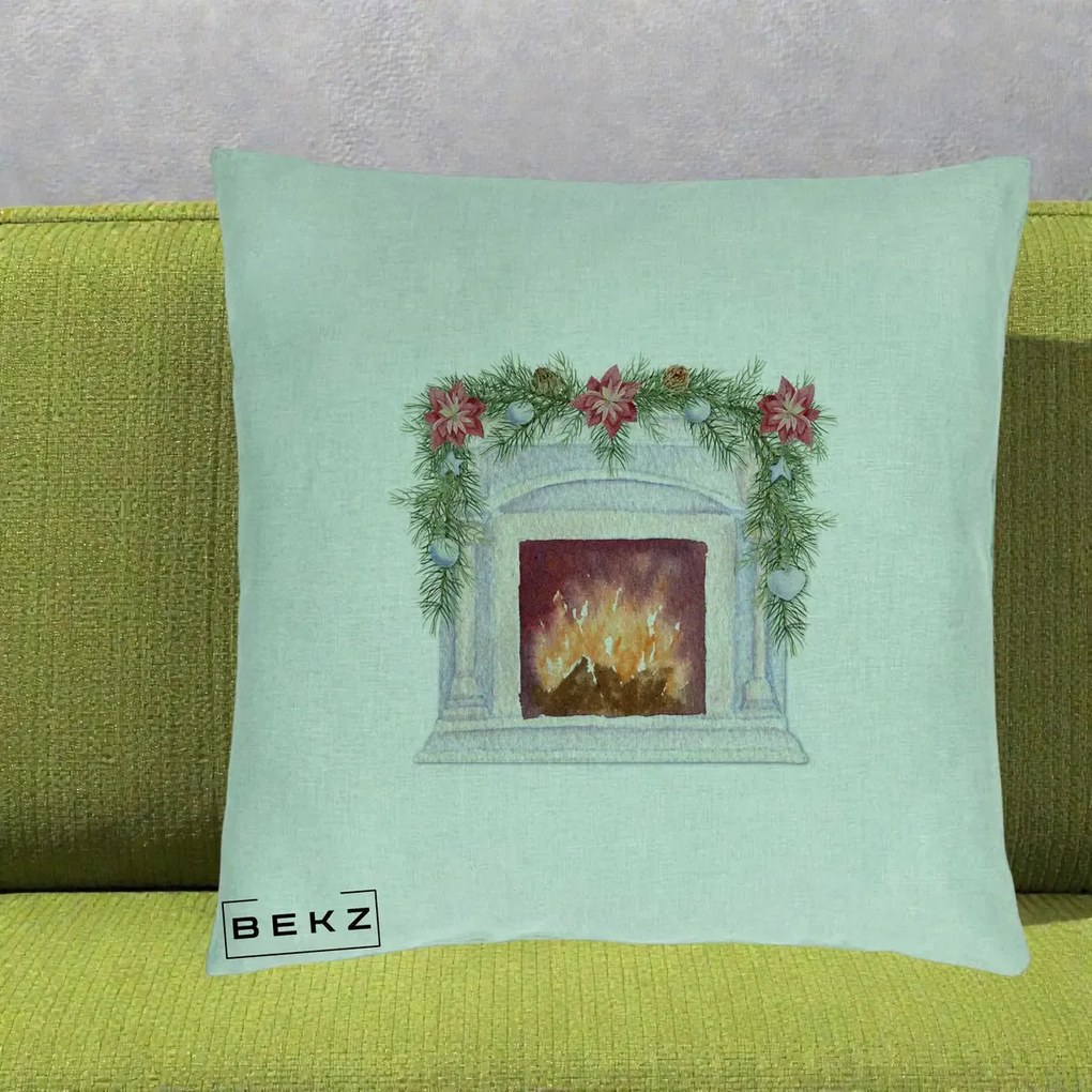 Perna Decorativa Semineu de Craciun Watercolor, 40x40 cm, Verde Menta, Husa Detasabila, Perna Inclusa, BEKZ®