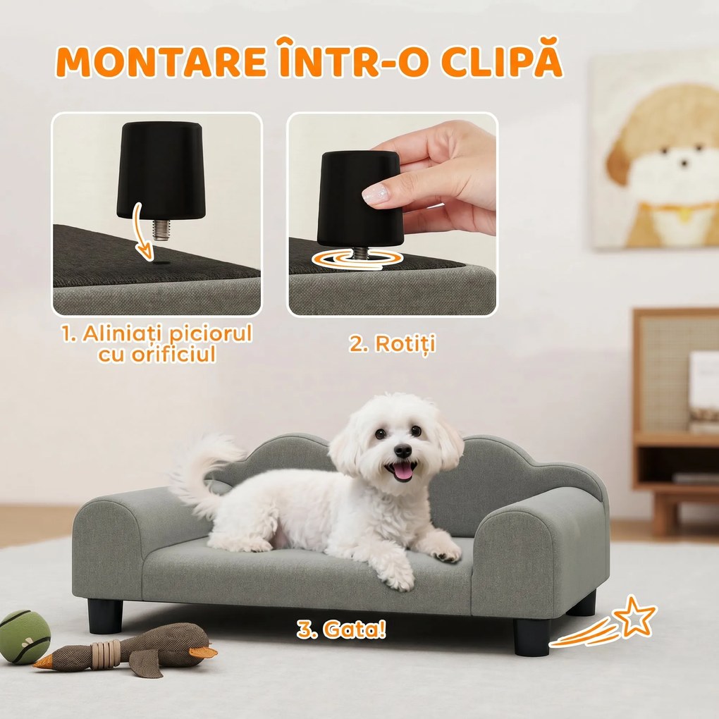 PawHut Canapea pentru Câini Moale cu Cotiere de Sprijin din Țesătură Gri | Aosom Romania
